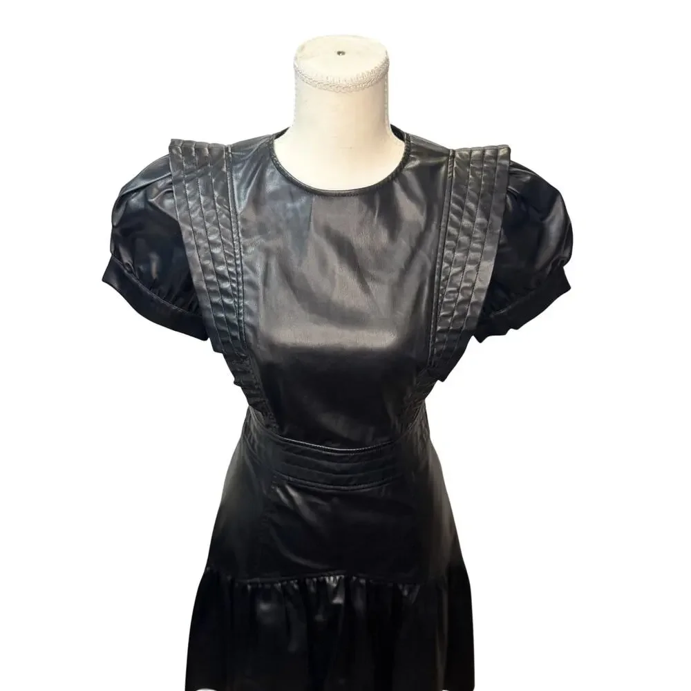 Zara Faux Leather Mini Dress Black Women's XS Ruffle Puff Flounce Hem Coquette - Picture 2 of 16